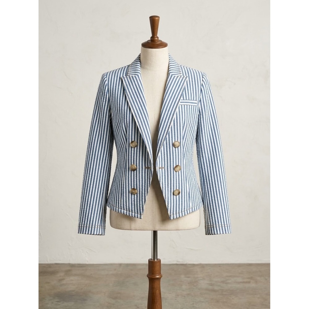 Chicos Blue White Striped Double Breasted Blazer Jacket NWT Size 00 XS
